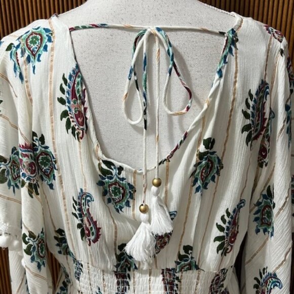Me 2 Magic Anthropologie White Paisley Maxi Dress Pom Pom Sleeves Hippie Size M - Picture 6 of 10